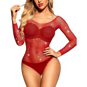 Women Red 1 Lingerie Fishnet Teddy Sparkle Rhinestone 1 Piece Mesh Bodysuit